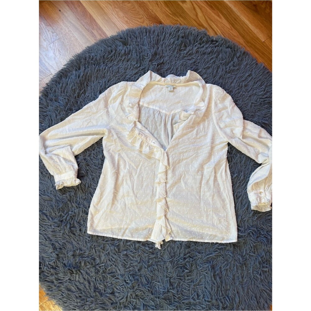 Sundance White Ruffle-Trim Textured Button Blouse Size M